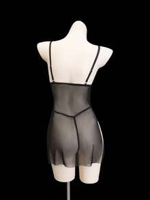 SHEIN 2 件套女士无线性感网眼内衣，包括外出吊带背心裙 - 黑色 - 查看 7