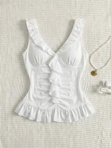 Sweetra 女士白色休闲荷叶边褶皱修身吊带背心，春夏款 - 白色 - 查看 1