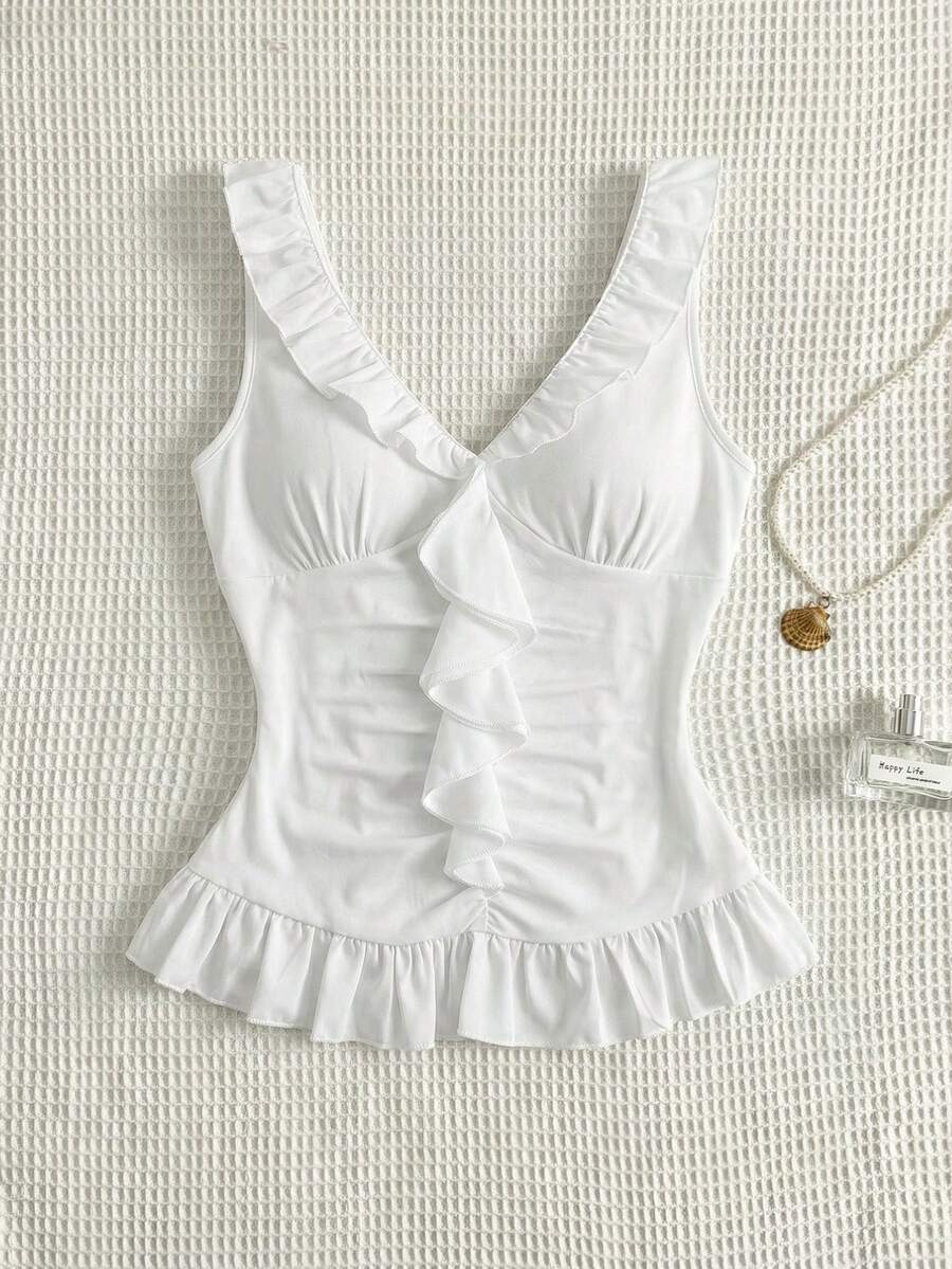 Sweetra 女士白色休闲荷叶边褶皱修身吊带背心，春夏款 - 白色 - 查看 1