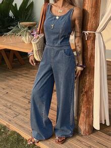 DAZY Women's Round Neck Sleeveless Jumpsuit, Casual Washed Denim Jumpsuit - Medium Wash - View 2