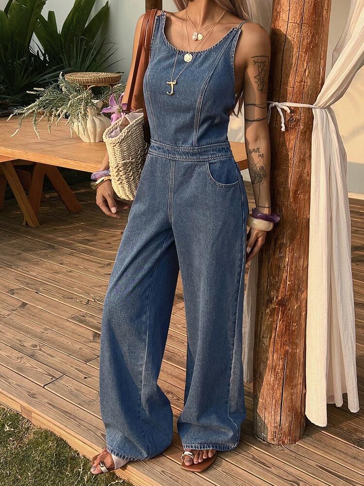 Women's Round Neck Sleeveless Jumpsuit, Casual Washed Denim Jumpsuit