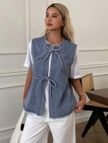 Dazy Tall 高个女式无袖系带短款牛仔开衫 - 淺色水洗藍 - 查看 5