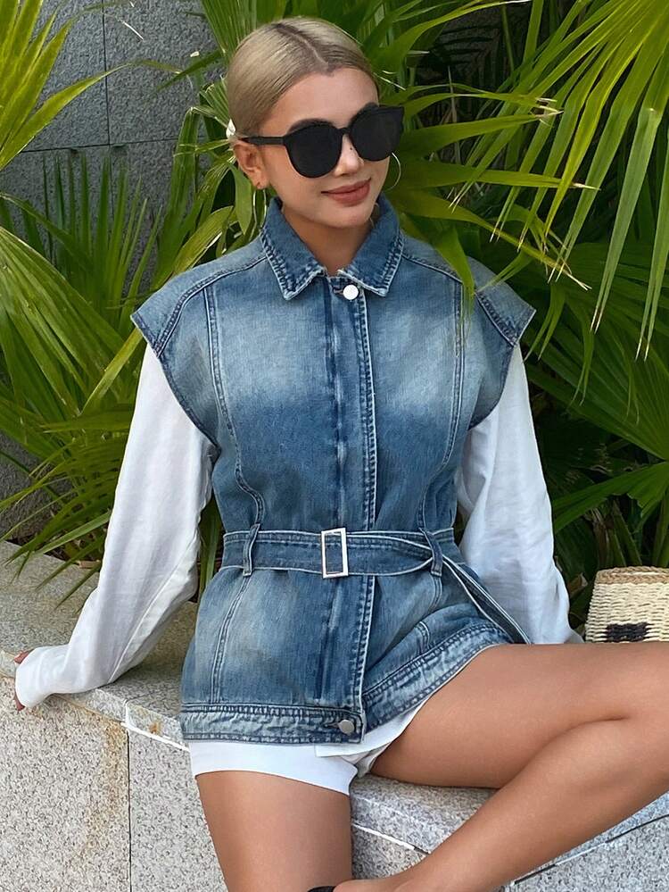 Women's Square Neck Sleeveless Belted Loose Denim Vest, Casual Denim Top