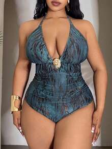 Slaydiva Áo tắm liền thân cỡ lớn in kỹ thuật số nhiều màu sắc, dây mảnh, cổ yếm, hở lưng, khoét eo, phong cách tối giản gợi cảm cho kỳ nghỉ biển. - Nhiều màu - Xem 1