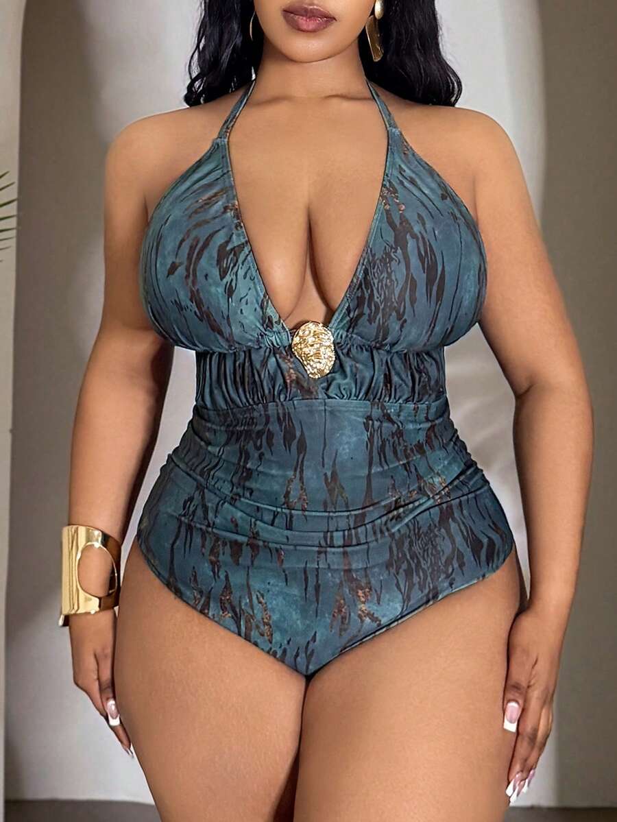 Slaydiva Áo tắm liền thân cỡ lớn in kỹ thuật số nhiều màu sắc, dây mảnh, cổ yếm, hở lưng, khoét eo, phong cách tối giản gợi cảm cho kỳ nghỉ biển. - Nhiều màu - Xem 1