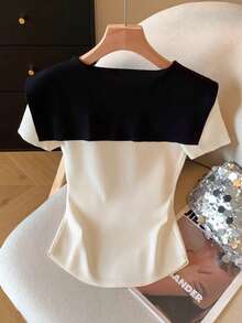 GlowEve 女士针织优雅夏季简约T恤 - 杏色 - 查看 2