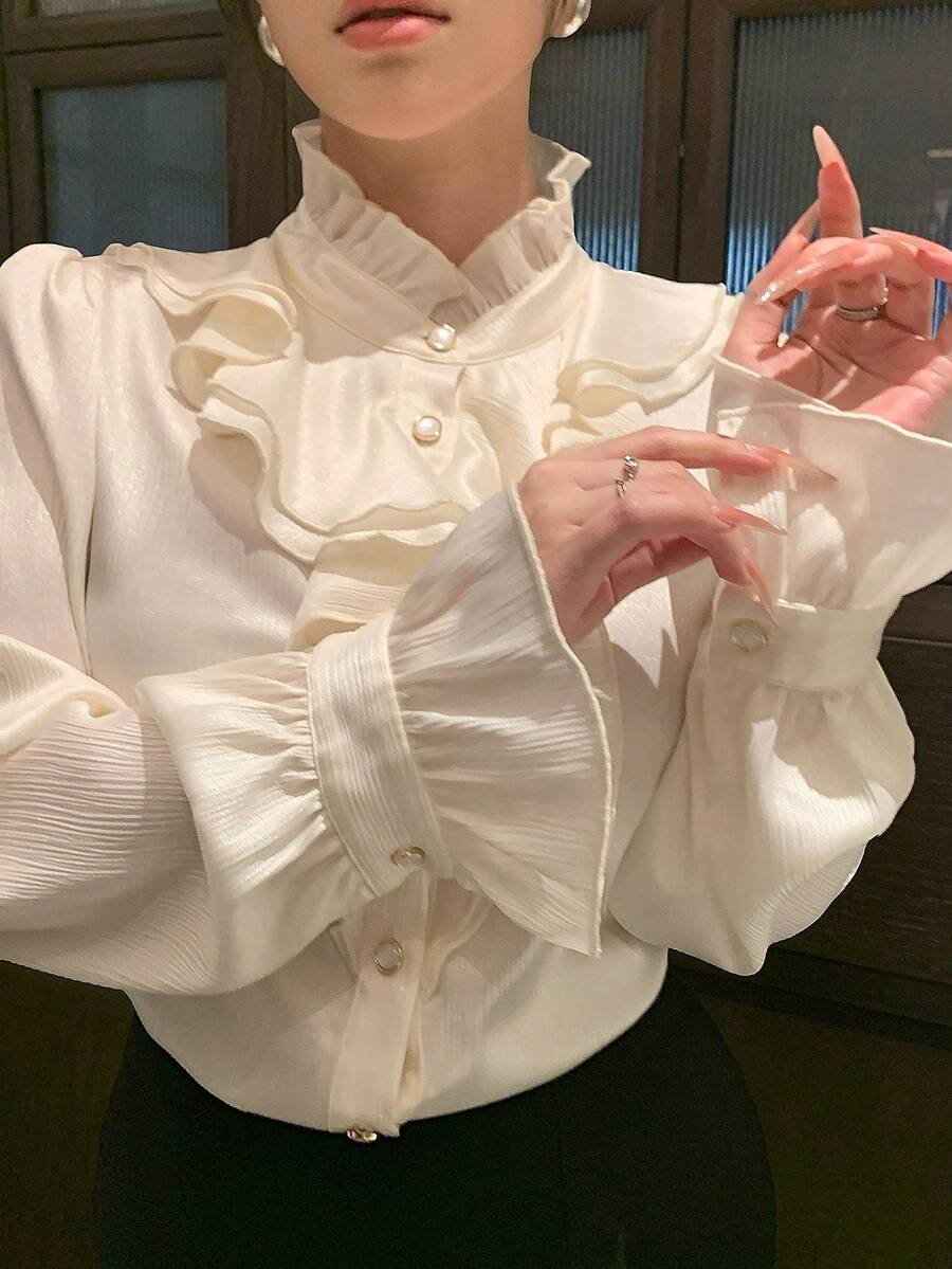 DAZY Women's Stand Collar Ruffle Trim Fashionable Versatile Long Sleeve Blouse - White - View 1