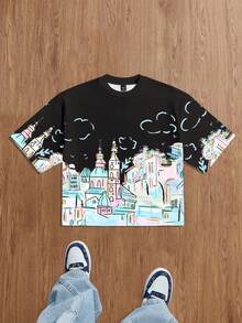 Manfinity Joysei Men's Casual Town Print Loose Short T-Shirt - Black - View 1