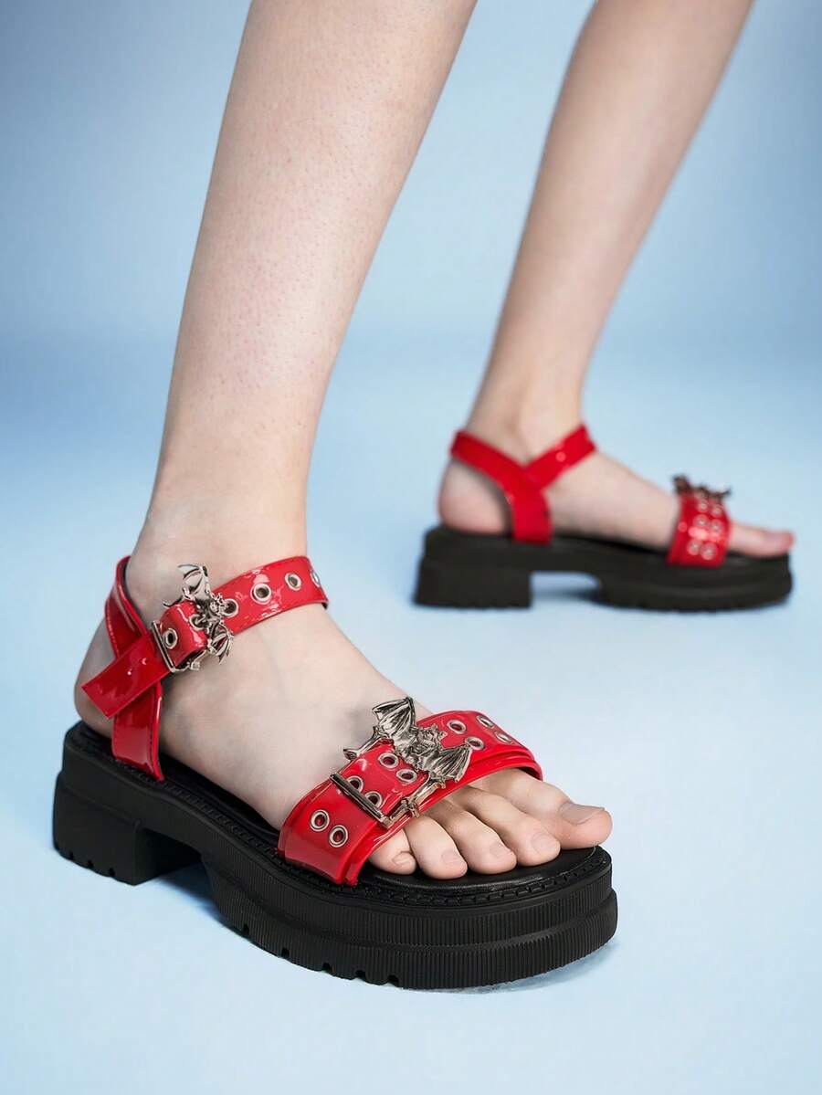 Sugerpunk Women's Platform Wedge Sandals Dark Rock Punk Goth Shoes Summer Open-Toe Belt Buckle Y2K Party Shoes Summer Open-Toe Roman Beach Sandals - Red shiny leather - View 1