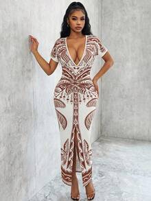 Eryvara 新款时尚印花V领褶皱修身连衣裙 - 彩色 - 查看 4