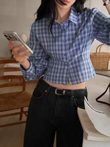 DAZY Áo sơ mi nữ tay dài kẻ caro cổ bẻ kiểu Hàn Quốc, kiểu dáng thường ngày. - Màu xanh lam - Xem 1