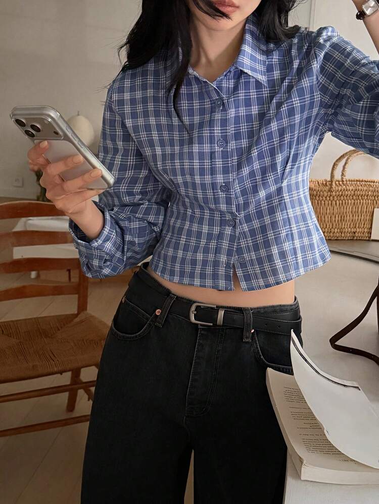 Women's Turndown Collar Plaid Korean Style Long Sleeve Casual Shirt