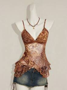 SHEIN ICON 女士复古佩斯利印花拼接不对称下摆可爱性感上衣，秋冬款 - 卡其色 - 查看 6