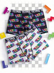 Tetris™ X SHEIN 2pcs Men's Boxer Briefs With Digital Cube & Letter Print, Elastic Waistband - Black and White - View 1