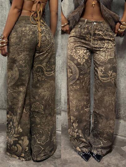 Jeanoix Y2K Plus Size Women Fashion Casual Retro Bohemian Floral Print Wide Leg Jeans