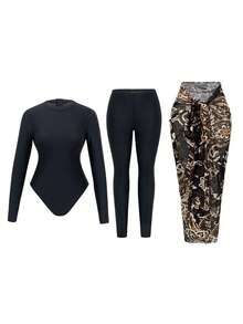 Swim Mulvari Women's New Middle East Hot-Selling Printed Black One-Piece Long Sleeve Top With Sheer Skirt And Skinny Fitted Pants 3-Piece Vacation Modest Fashion Burkini Set, Spring/Summer - Black - View 7