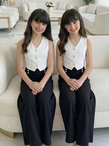 SHEIN 2pcs/Set Tween GirlsColorblock Fashion Set, Colorblock Button Design - Black - View 1