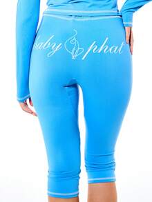 BABYPHAT Blue Capri Leggings With Contrast White Stitching High Rise Cropped Athletic Fit Logo Print Women's Casual Stretch Pants - Blue - View 1