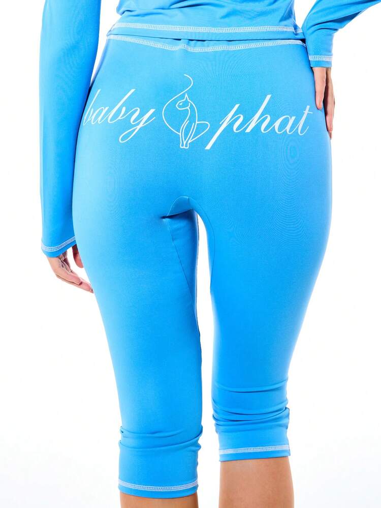 BABYPHAT Blue Capri Leggings With Contrast White Stitching High Rise Cropped Athletic Fit Logo Print Women's Casual Stretch Pants