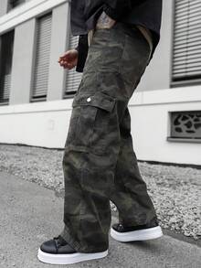 Artur Kramer Jeans anchos de camuflaje con múltiples bolsillos y efecto desgastado, de corte holgado y casual para hombre - Verde militar - Ver 6