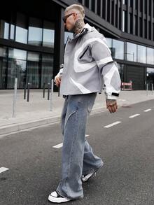 Artur Kramer Contrast Color Patchwork Design Men's Hooded Long Sleeve Jacket, Light Windbreaker Y2k Techwear Jacket - Grey - View 5
