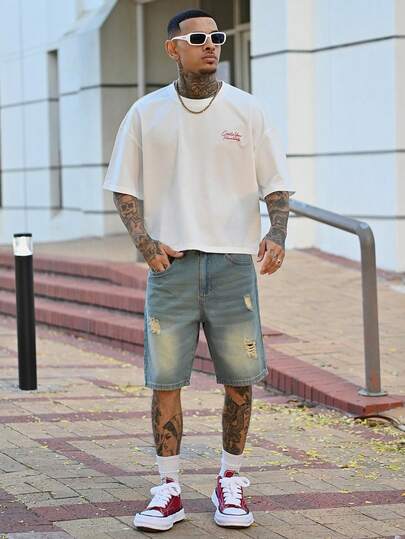 Devon Thys 男士破洞休閒直筒牛仔短褲，淺藍色純色，時尚街頭風格