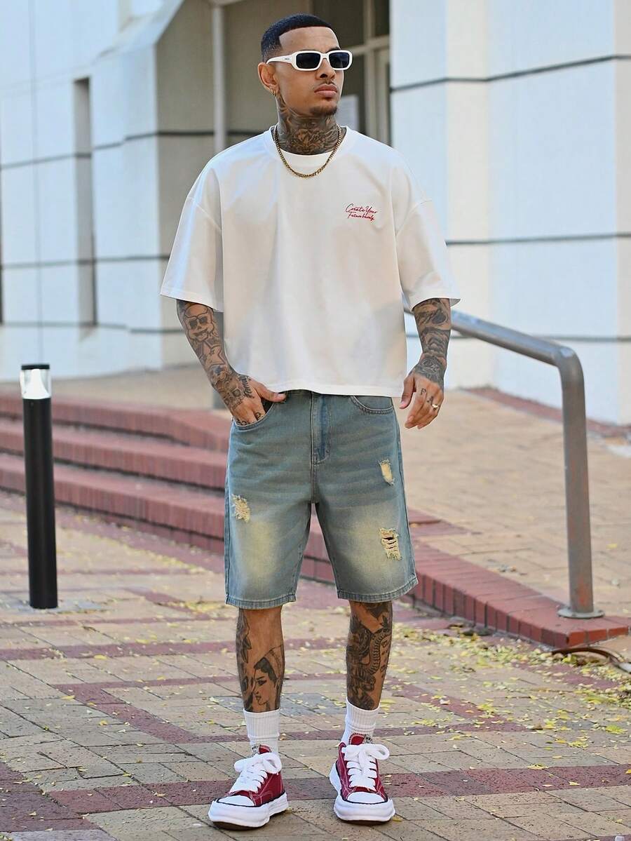 Devon Thys Men's Distressed Casual Denim Shorts Baggy Jorts Plain Light Blue Going Out Fashion Rapper Going Out Hang Out Commute College Street - Light Wash - View 1
