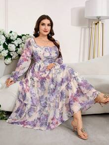 Reflora 大码女式印花方领喇叭袖荷叶边下摆优雅连衣裙 - 紫色 - 查看 4