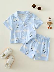 2pcs/Set Baby Boy/Girl Cute Cartoon Print Knit Casual Short Sleeve Pajama Set, Summer - Multicolor - View 2