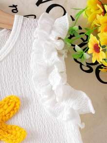 SHEIN Genkimix Kids Toddler Girl Summer Clothes,2pcs Knitted Jacquard Ivory Ruffle Trim Camisole Top And Yellow Sunflower Shorts Set,Cute Adorable Baby Kids Outfit - Yellow - View 6