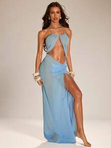 SHEIN BAE 女士纯色露背沙滩度假连衣裙 - 咖啡棕 - 查看 1