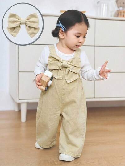 SHEIN Baby Girls' 3D Bow Accent Blue Denim Loose Jumpsuit