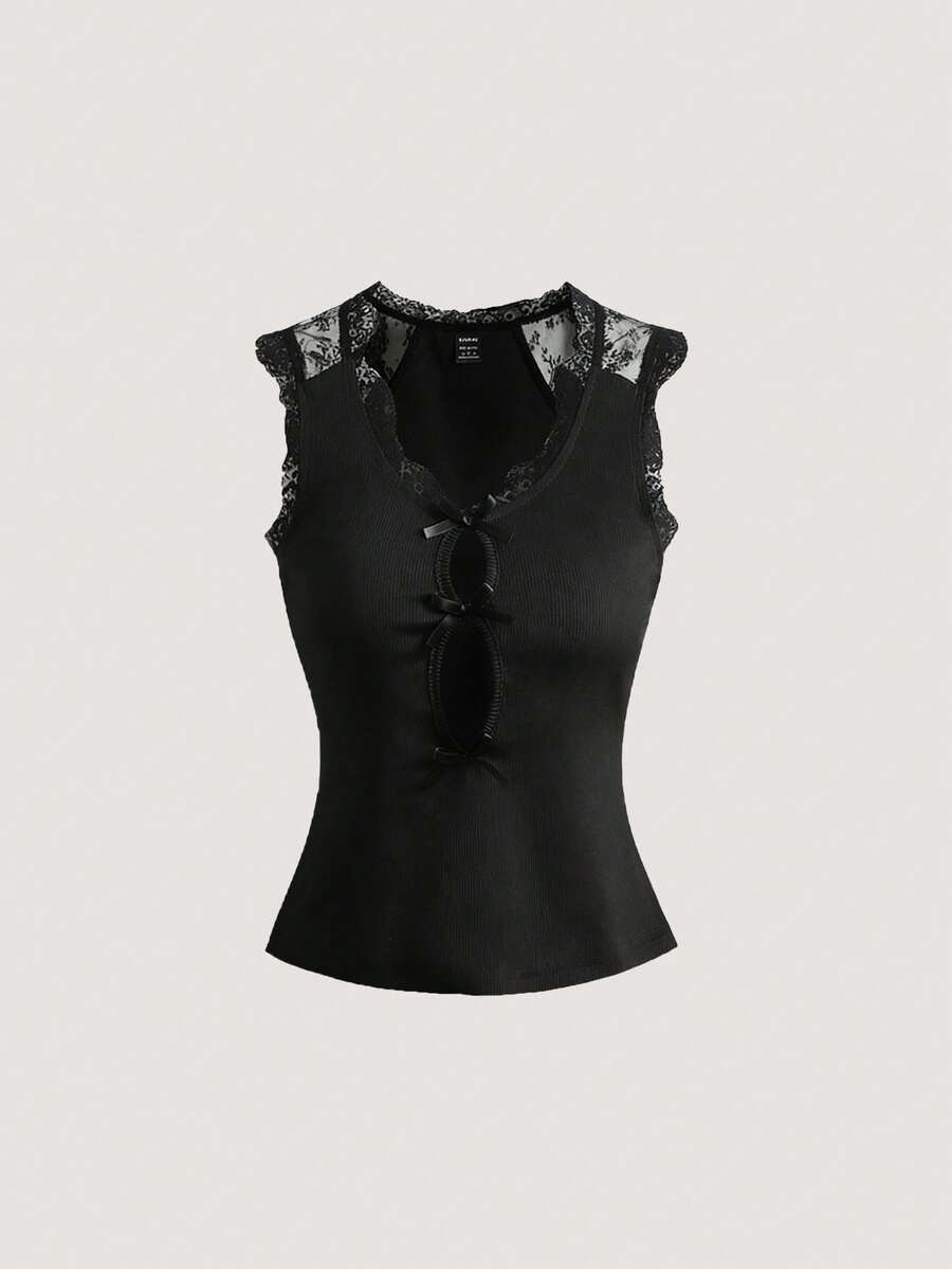 Olithes 新款法式优雅浪漫针织拼接蕾丝无袖上衣，镂空领口，修身收腰设计：诠释轻奢与迷人风格 - 黑色 - 查看 1