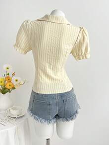 Elamini Yellow Striped V-Neck Petal Sleeve Women's Vacation Blouse - Multicolor - View 2