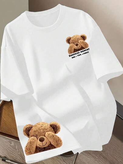 Resyla Women's Cartoon Bear & Letter Print Casual Round Neck Short Sleeve T-Shirt