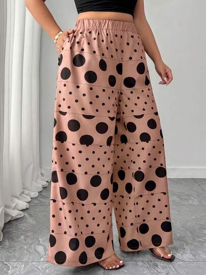 Elenzga Plus Size Women's Summer Brown Polka Dot Print Vintage Casual Ruched Patchwork Woven Pants, Suitable For Home, Leisure, Vacation, Commuting