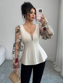 Selianne Women's Elegant Off-White Autumn Dinner Date Shirt,V-Neck Waist Cinched Puff Sleeve Embroidered Mesh Rose Floral Splice, Vacation Outings - Apricot - View 5