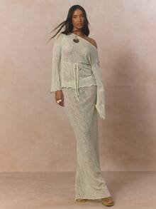 MUSERA 露肩系带腰身针织长款荷叶边下摆上衣（单件上衣）可爱春日假日少女风 Sugar Salt - 薄荷綠 - 查看 5