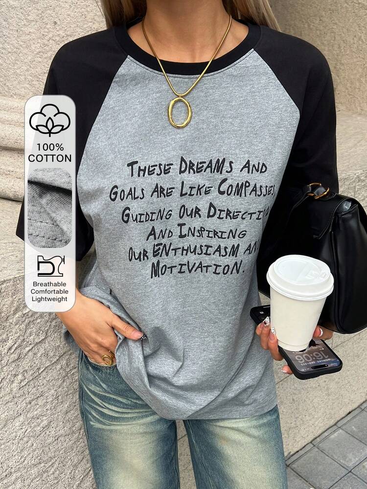 Women's Casual Colorblock Slogan Print T-Shirt, Summer,Going Out Tops For Women Graphic Tees Women