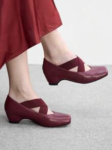 CUCCOO BIZCHIC Zapatos de mujer con punta cuadrada y tacón de cuña burdeos mate con estilo retro, versátiles para uso diario - Burdeos - Ver 4
