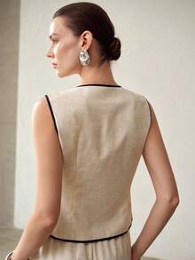 MOTF PREMIUM CONTRAST BINDING BUTTON PLACKET SLIM WAIST TANK TOP - Apricot - View 3