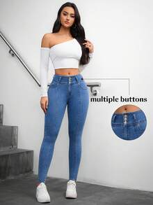 Flexra 女士高弹力开衩修身牛仔裤 - 中等水洗藍 - 查看 3