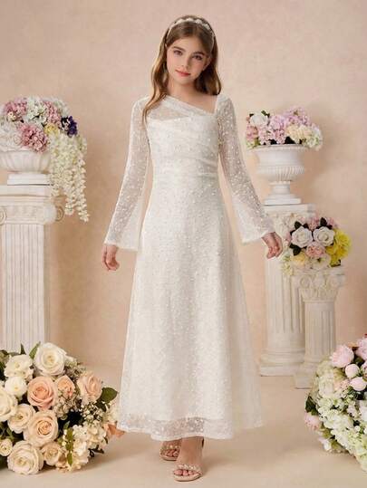 long sleeve lace v neck wedding dress Duntery Lace Plunging V-neck Satin Wedding Gown, White main image 0