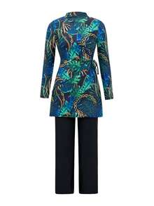 Swim Mulvari 女士中东风情两件套布基尼泳衣套装，新款热销印花长袖连衣裙和直筒裤，优雅休闲沙滩度假泳装套装 - 彩色 - 查看 6