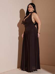 SHEIN BAE 大码女式黄色垂褶领长款飘逸连衣裙，性感情人节连衣裙 - 黃色 - 查看 6