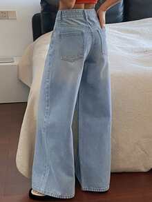 DAZY Celana Jeans Wanita Regular Pinggang Sedang Dekoratif Kasual Potongan Lurus Y2k - Light Wash - View 5