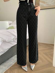 Dazy Tall Jeans rectos y relajados para mujer alta, tela texturizada, uso casual de ciudad - Negro - Ver 4