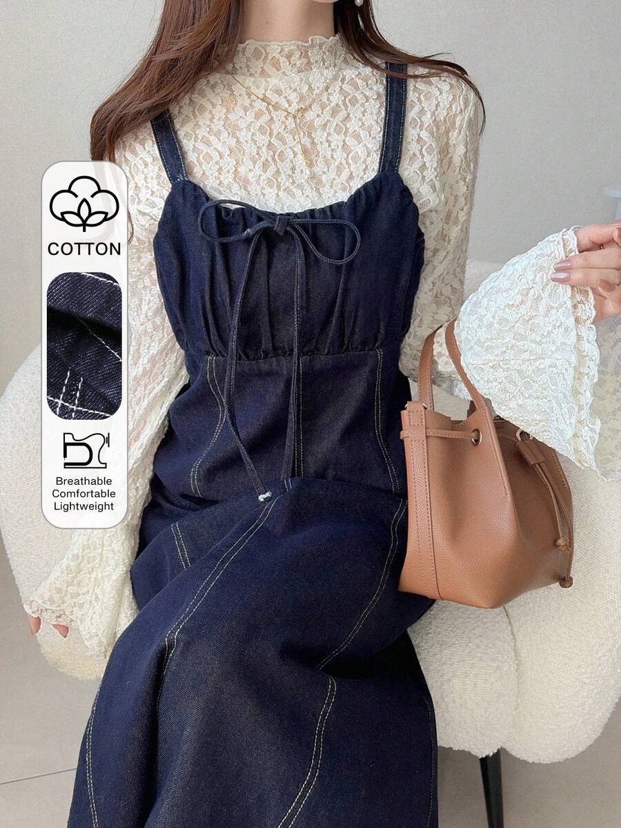 FRIFUL Women's Casual Everyday Commute Knotted Front Strap Denim Dress, Summer - Blue - View 1