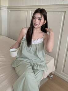Dazy Plus 2pcs Cute Contrast Lace Loose Camisole & Long Pants Pajama Set, Spring/Summer - Mint Green - View 7