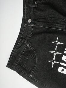 Rick and Morty X SHEIN Men's Pocket Button Letter Graphic Casual Versatile Daily Wear Wide Leg Jeans - Black - View 4